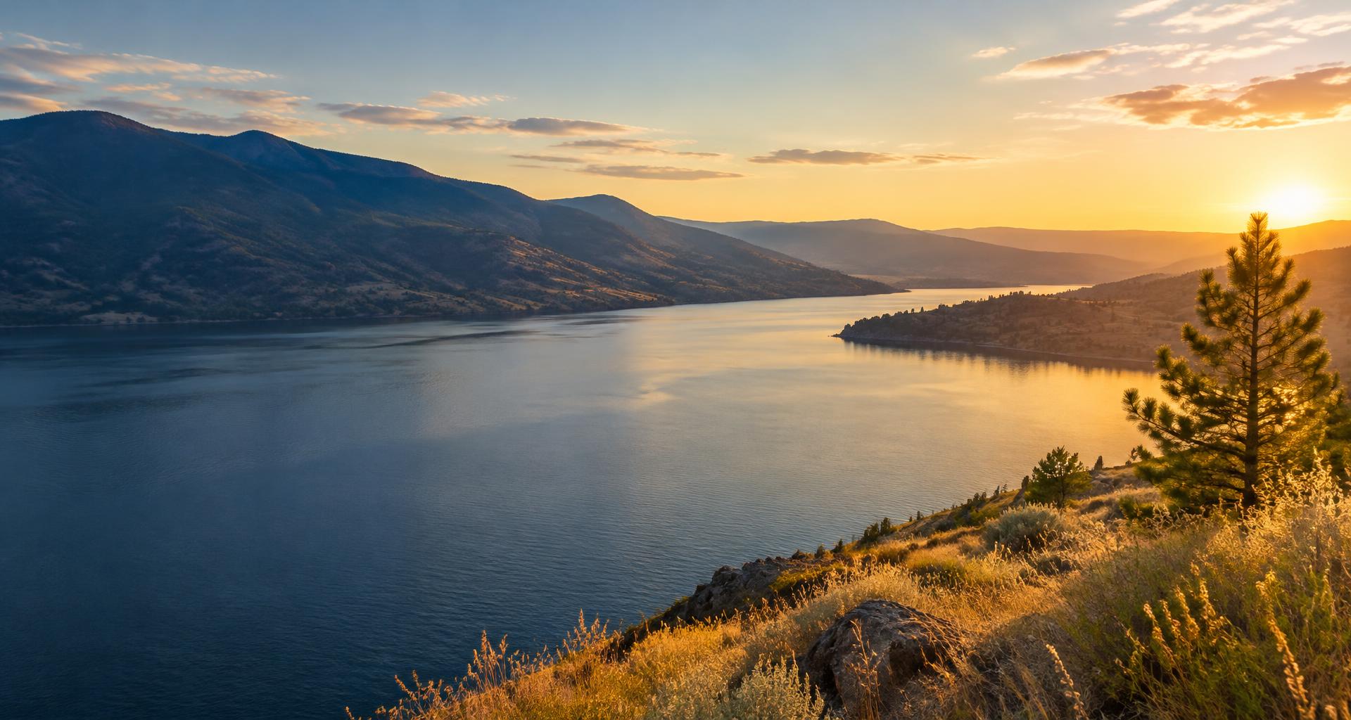 Golden evening light over Okanagan Lake and the surrounding hills